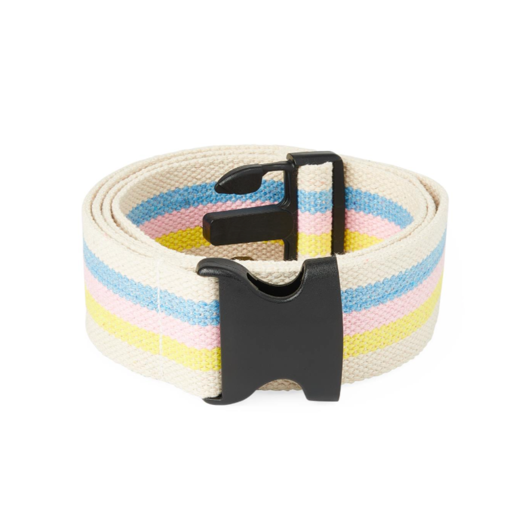 The Medline Cotton Gait Belt in cream, with pastel blue, pink, and yellow stripes and a black plastic buckle, assists with patient transfers and ambulation—ideal for caregiver support.